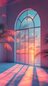 Sunset-lit arched window frames pastel ocean horizon in neon hues