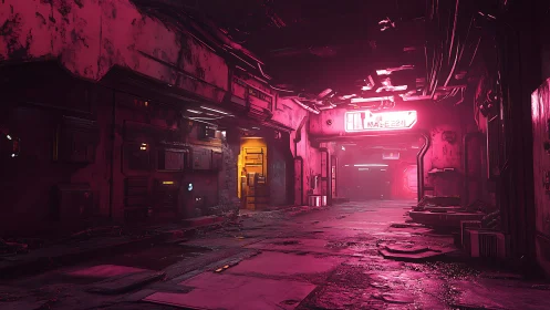 Degraded neon transit corridor with saturated magenta illumination.