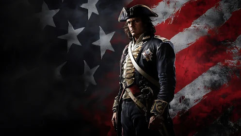 Revolutionary-era officer stands before distressed US flag backdrop