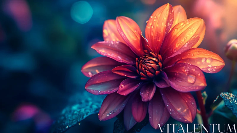 Macro Dahlia with Chromatic Gradient Petals and Dew Droplets