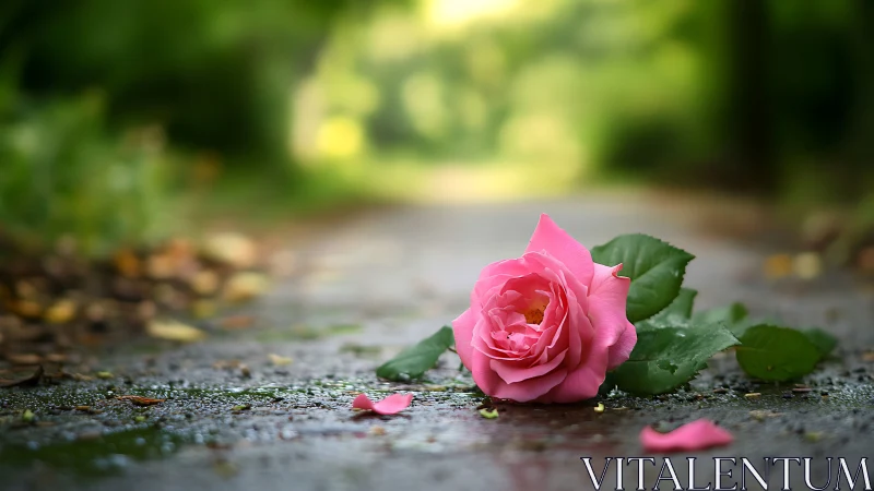 Pink rose rests on wet garden path with soft green bokeh