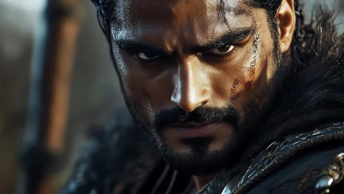 Battle-worn warrior stares forward with intense focus