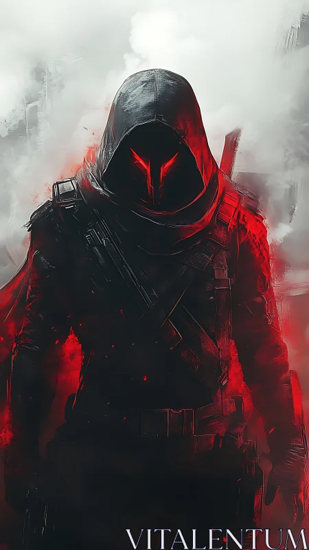 Hooded armored figure with red visor in smoky environment.