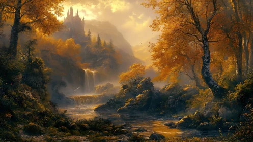 Spire's Golden Embrace: Where Waterfalls Kiss Ancient Castle Dreams.