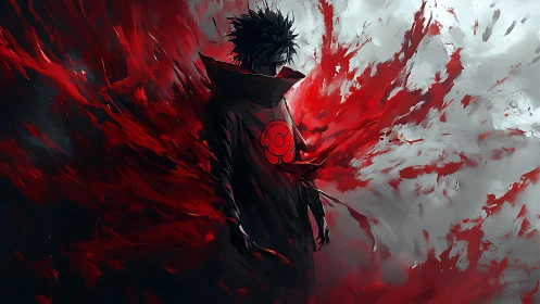 Shadowed warrior stands in a storm of swirling crimson power