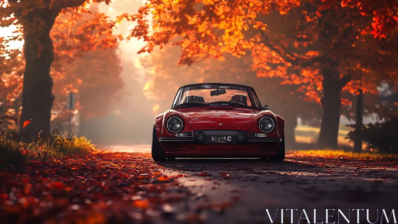 Crimson classic convertible resting under golden autumn light.