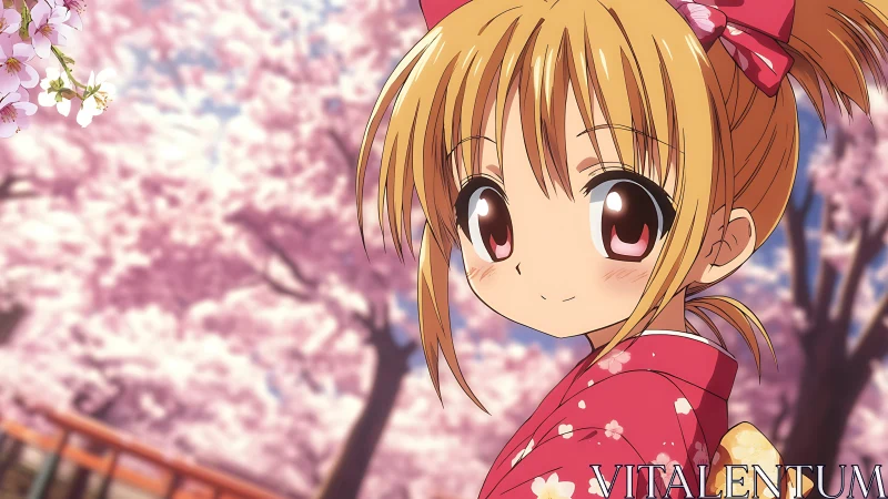 Cherry blossom breeze pauses to frame a smiling kimono girl