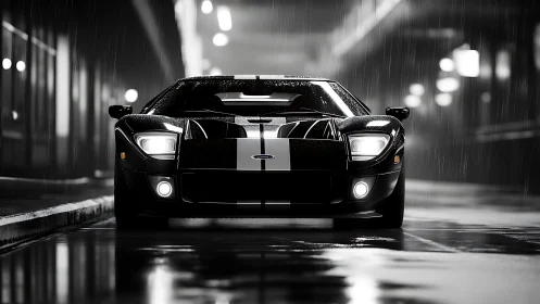 Black Ford GT front view on wet city street at night.