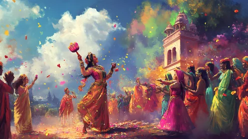 Indian festival scene with dancers and colored powder in air.