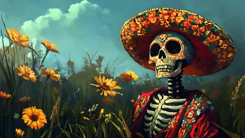 Floral skeleton in a sunny meadow celebrates vivid memories