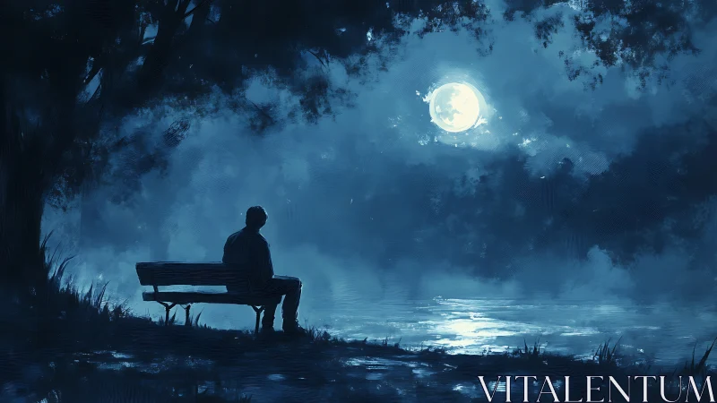 Solitary figure watches moonlit lake under deep blue sky.