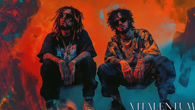 Urban duo crouch in neon smoke under saturated bicolor haze