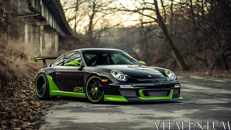 Black and green Porsche sports car on quiet forest road.