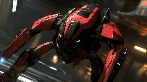 Combat mech crouches in dynamic red armor lighting study.