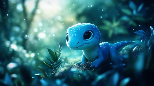 Cute blue baby lizard character in glowing forest scene.