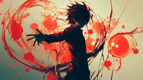 Energetic anime caster manipulating dual crimson orbs dynamically.