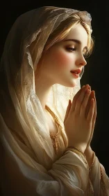 Devotional portrait of veiled woman in golden side lighting.