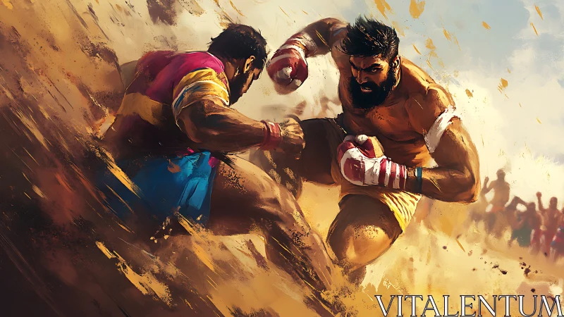 Boxing Match Combat Illustration Against Desert Backdrop.