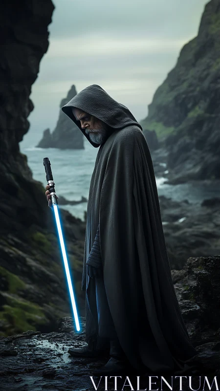 Weathered coast cradles a lone hooded knight of light