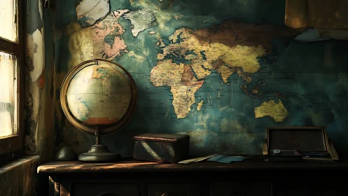 Old world map wall with globe and wooden study desk.