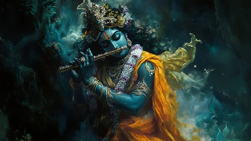 Blue-skinned figure plays flute amid swirling teal clouds