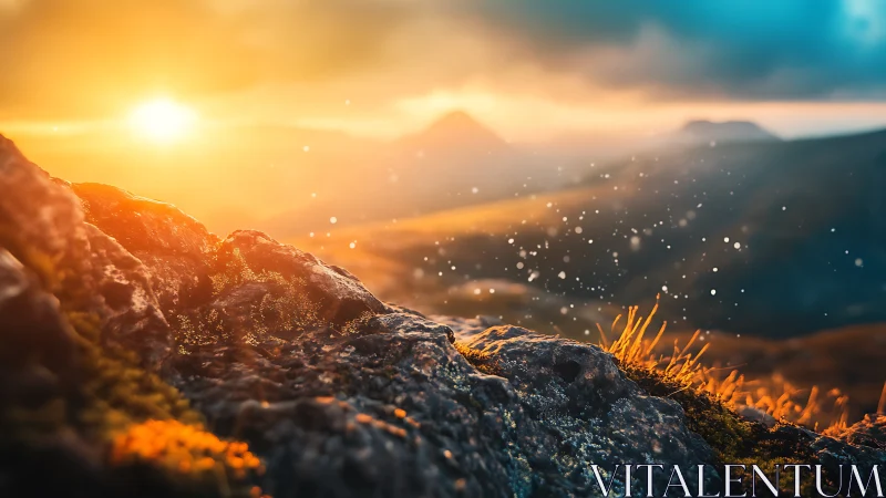 Golden sunrise sparkles over peaceful mountain ridgeline.