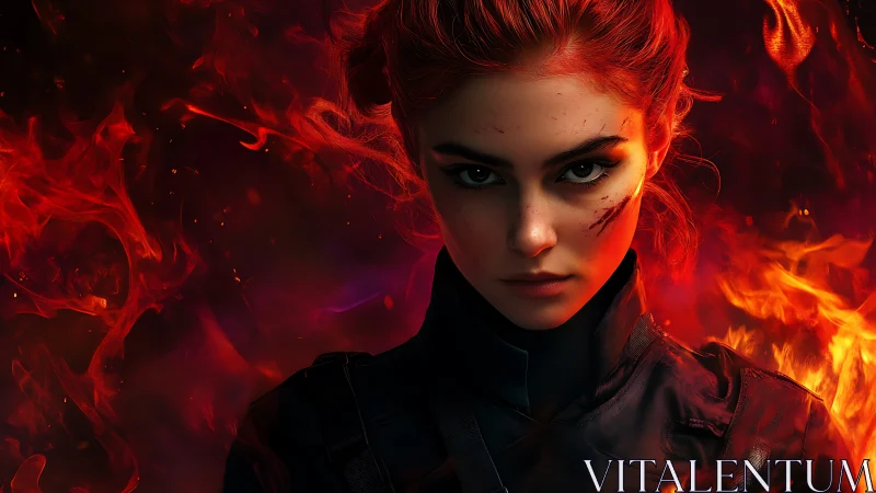 Fiery female warrior portrait rendered in cinematic digital art