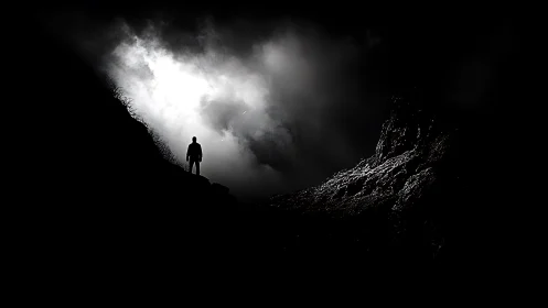 Silhouetted wanderer on misty ridge in stark monochrome.