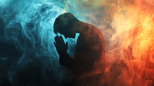 Silhouette of praying person amid blue and orange smoke.