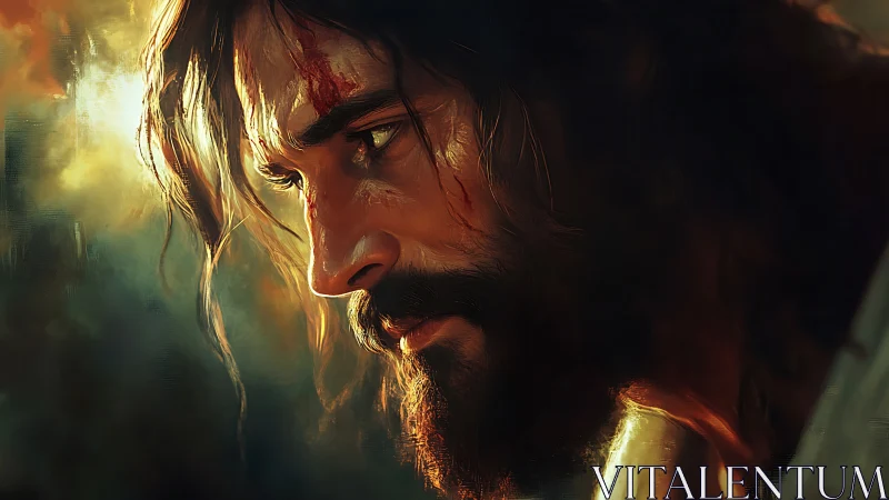 Wounded bearded man in golden dramatic side light.