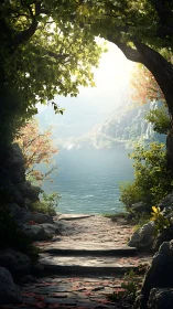 Stone forest path opens onto sunlit mountain lake vista