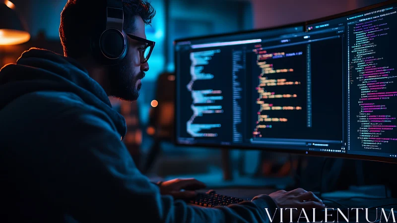 Midnight coder bends neon syntax across twin glowing screens