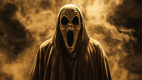 Hooded skeletal wraith emerges through swirling golden smoke.