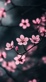 Delicate pink cherry blossoms bloom on dark branches