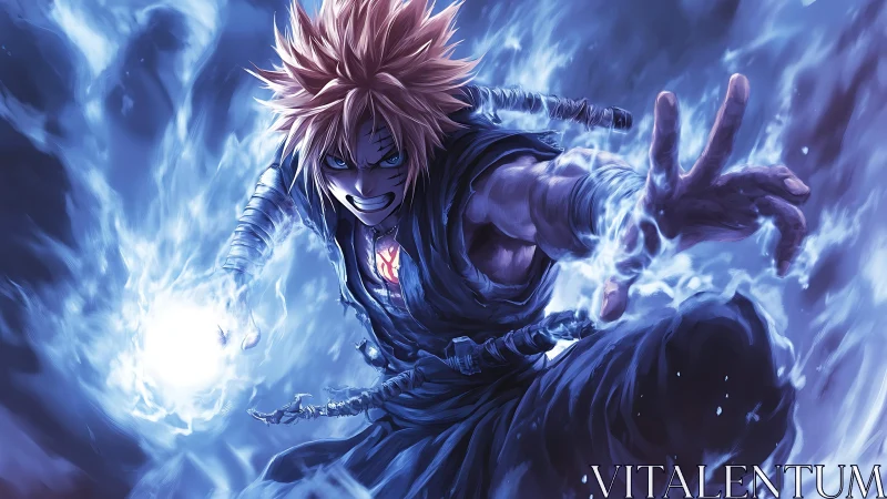 Electric blue anime warrior unleashing energy blast.