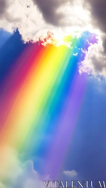 Brilliant rainbow beams pour from soft clouds into open sky