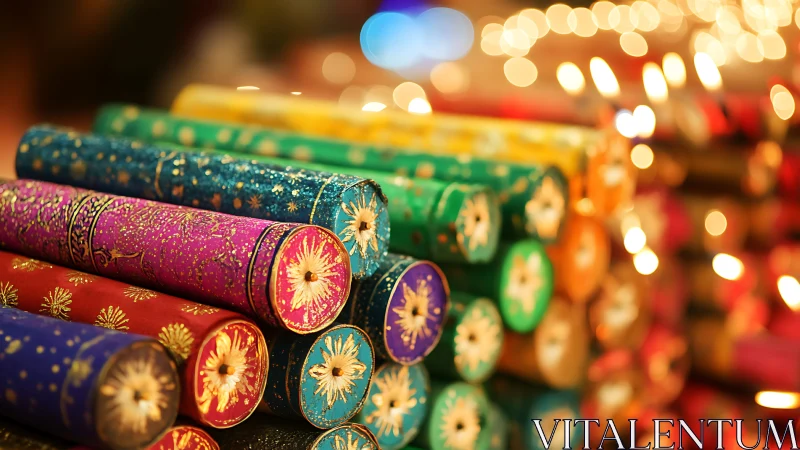 Photorealistic festive crackers in stacked cylindrical composition.