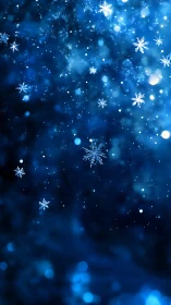 Glowing crystalline snowflakes drifting through deep blue night.