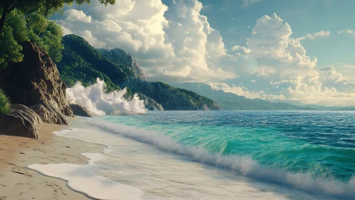 Sunlit waves roll onto a quiet tropical cove by green cliffs