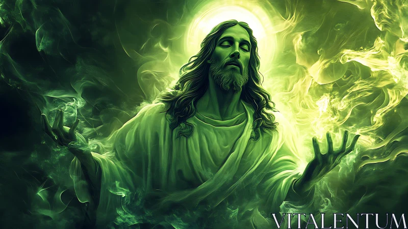 Mystic green-robed savior in luminous swirling aura.