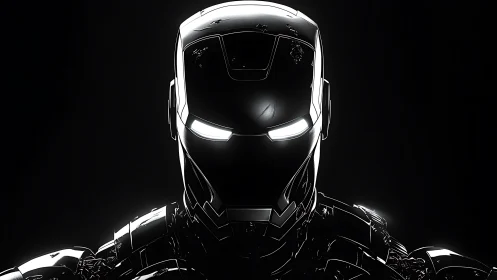 Chrome-clad mech warrior glows against void-black silence.
