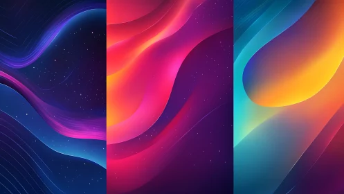 Tri-panel chromatic wavefields with gradient spectral layering.