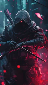 Cybernetic hooded assassin framed in neon forest haze.