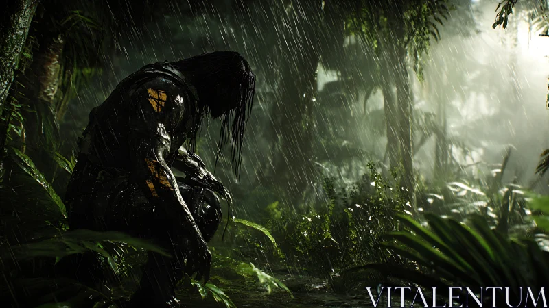 Lone armored wanderer pausing in a haunting jungle rainstorm.