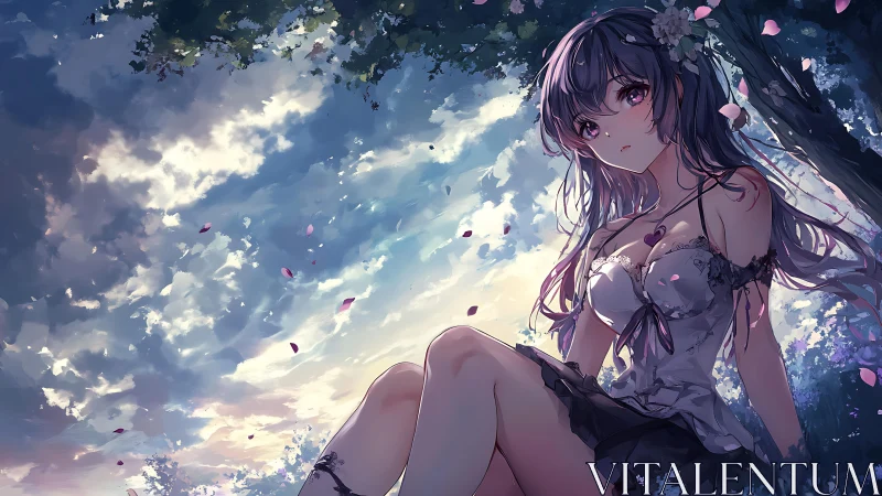 Anime girl under flowering tree in dramatic evening sky