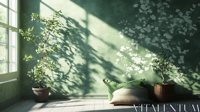 Sunlit green wall with potted plants and floor cushions.