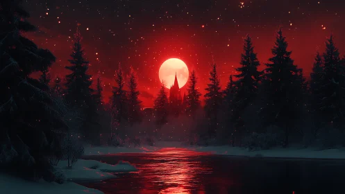 Enchanted red moonrise over a silent winter forest river.