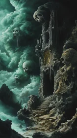 Skull citadel adrift in storm-torn necrotic emerald clouds.