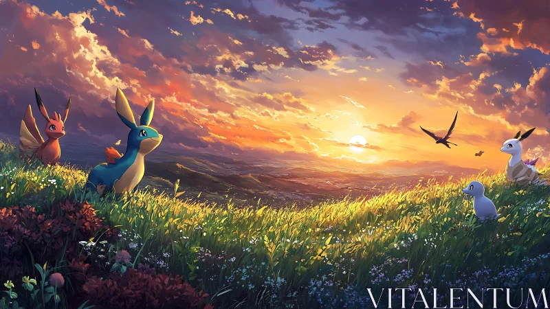 Sunset-lit hillside with vigilant creature ensemble panorama.