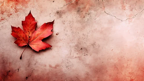 Textured autumn maple leaf on weathered plaster ground.